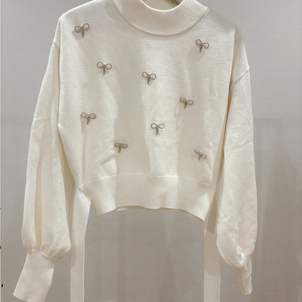 White Sweater with Diamond Bow Accents